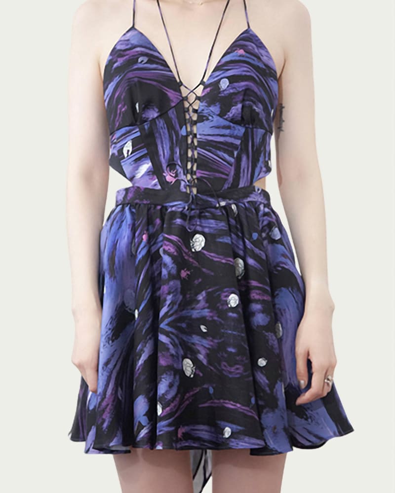 Front of a model wearing a size L Zeta Lace-Up Cutout Halterneck Mini Dress in Purple/Blue in Purple/Blue by VIDEMUS OMNIA. | dia_product_style_image_id:345596